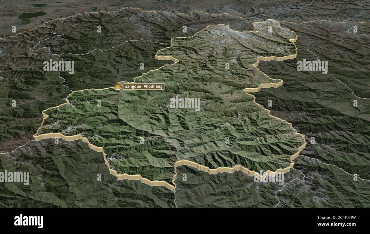 Zoom in auf Wangduephodrang (Bezirk von Bhutan) extrudiert. Schräge Perspektive. Satellitenbilder. 3D-Rendering Stockfoto