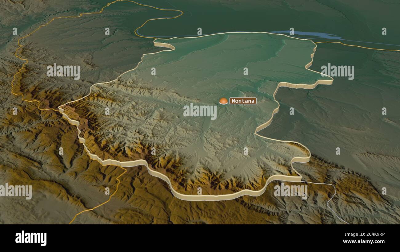 Zoom in auf Montana (Provinz Bulgarien) extrudiert. Schräge Perspektive. Topographische Reliefkarte mit Oberflächengewässern. 3D-Rendering Stockfoto