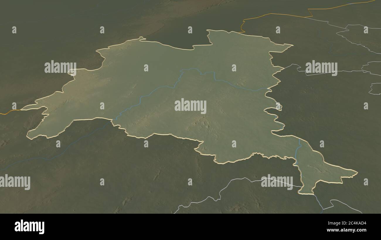 Zoom in Boucle du Mouhoun (Region Burkina Faso) skizziert. Schräge Perspektive. Topographische Reliefkarte mit Oberflächengewässern. 3D-Rendering Stockfoto