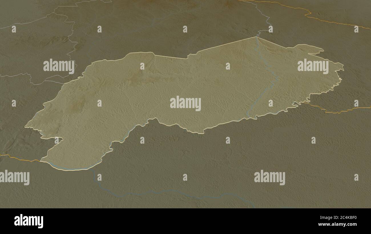 Zoom in auf Mbomou (Präfektur der Zentralafrikanischen Republik) skizziert. Schräge Perspektive. Topographische Reliefkarte mit Oberflächengewässern. 3D-Rendering Stockfoto