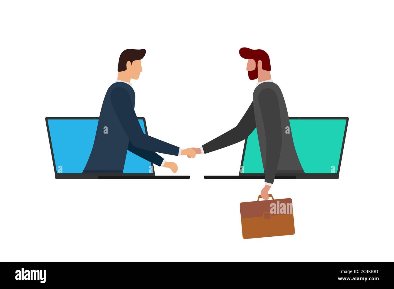 Zwei Geschäftsmann machen Deal auf Distanz und schütteln die Hände auf Laptop-Bildschirme. Web Online Business Agreement Kommunikationskonferenz Konzept. Virtuelle Handshake Zusammenarbeit Vektor flach eps Illustration Stock Vektor