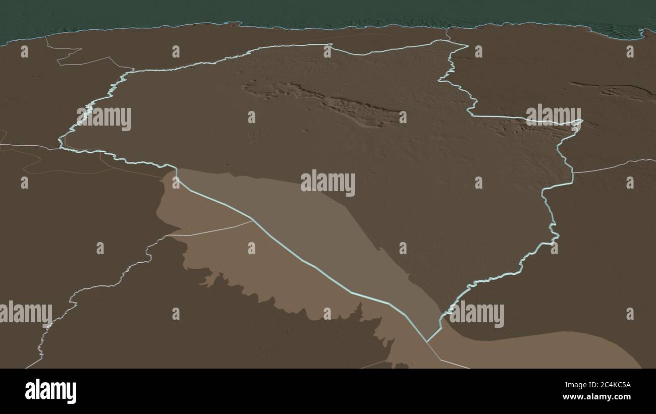 Zoom in Siemréab (Provinz Kambodscha) skizziert. Schräge Perspektive. Farbige und aufgeschüpfte Karte der Verwaltungseinheit mit Oberflächengewässern. 3 Stockfoto