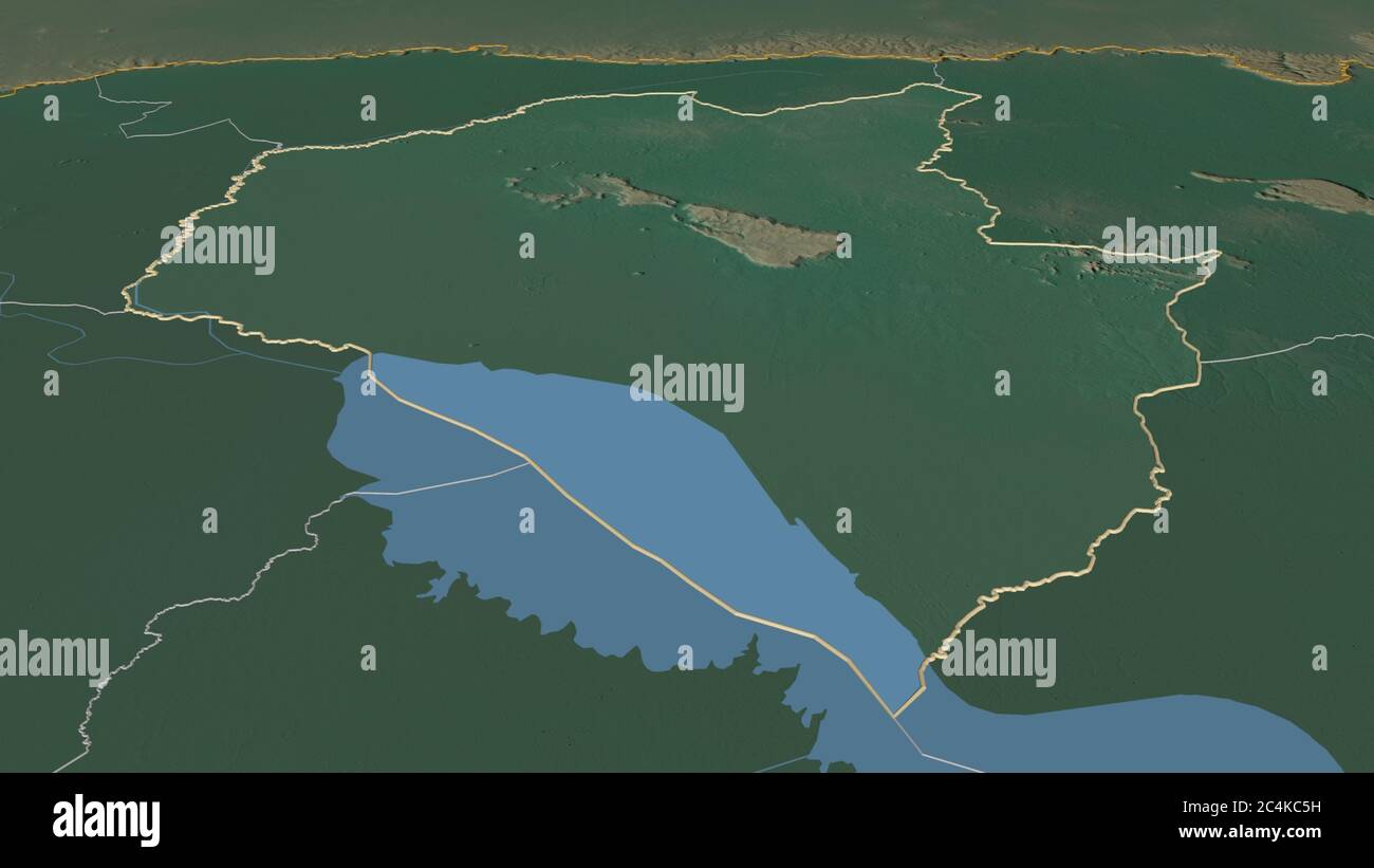 Zoom in Siemréab (Provinz Kambodscha) skizziert. Schräge Perspektive. Topographische Reliefkarte mit Oberflächengewässern. 3D-Rendering Stockfoto