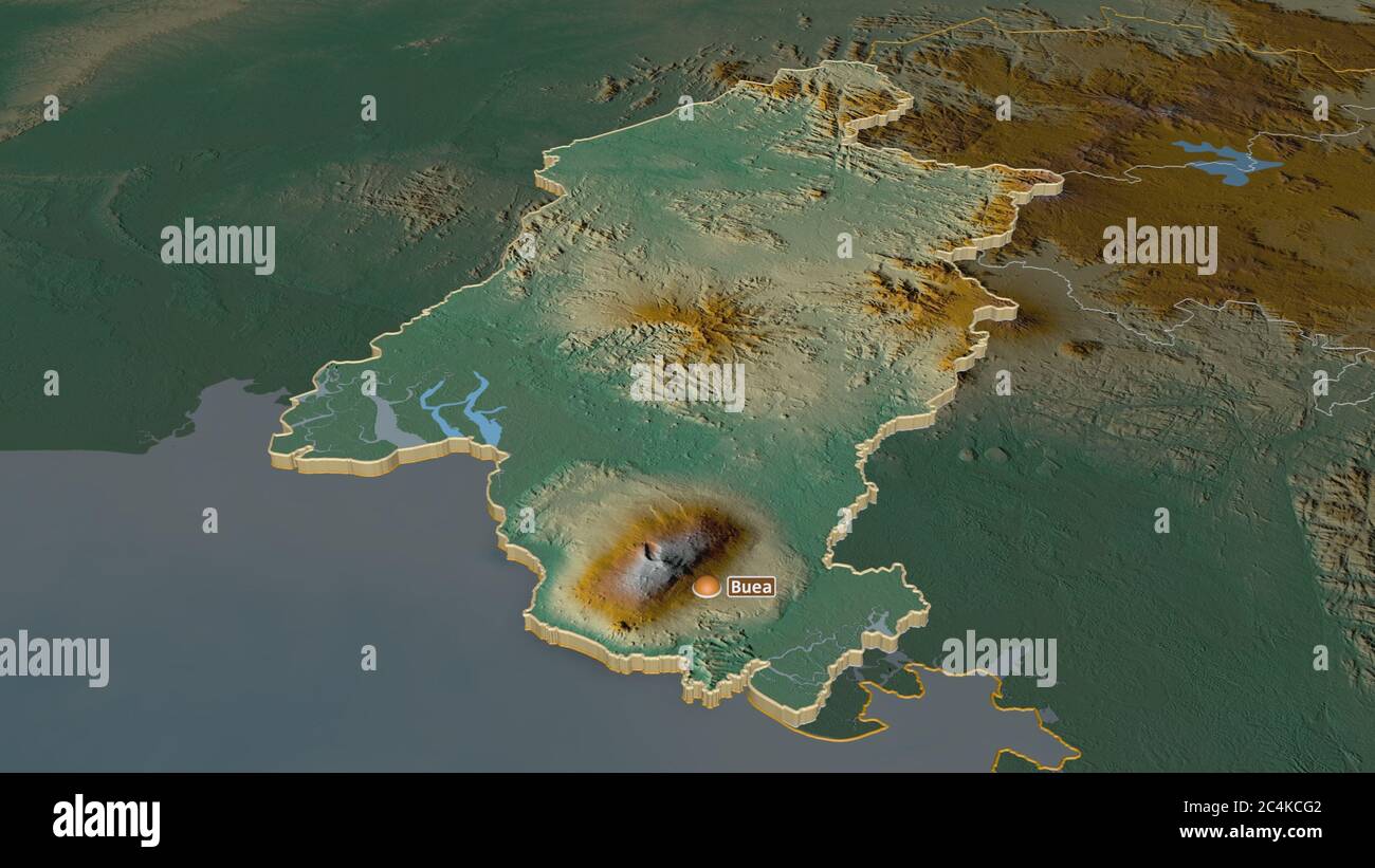 Zoomen Sie auf Sud-Ouest (Region Kamerun) extrudiert. Schräge Perspektive. Topographische Reliefkarte mit Oberflächengewässern. 3D-Rendering Stockfoto