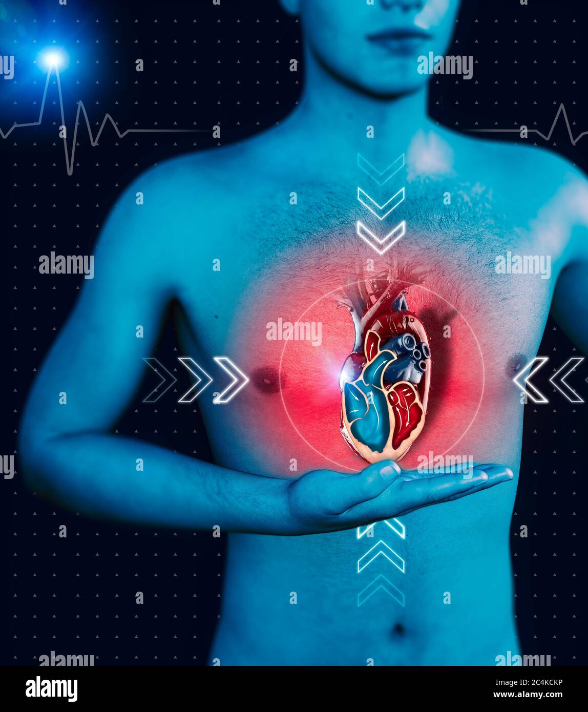 Mensch und Herz, menschliche Anatomie, Herzschlag und Angriff. Kardiologische Untersuchung, kardialer Betrieb. 3d-Rendering Stockfoto
