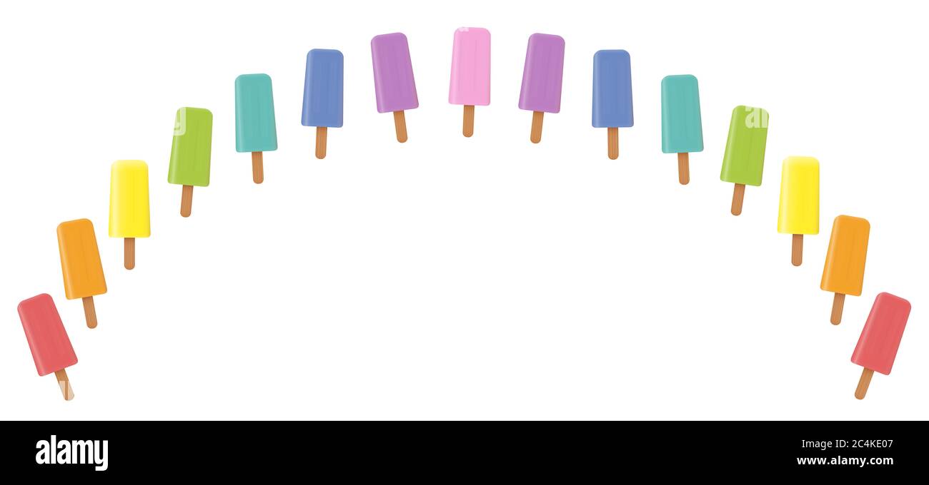 Eis Lolly Regenbogen. Sammlung von bunten fruchtigen gefrorenen Eiszapfen - Illustration auf weißem Hintergrund. Stockfoto