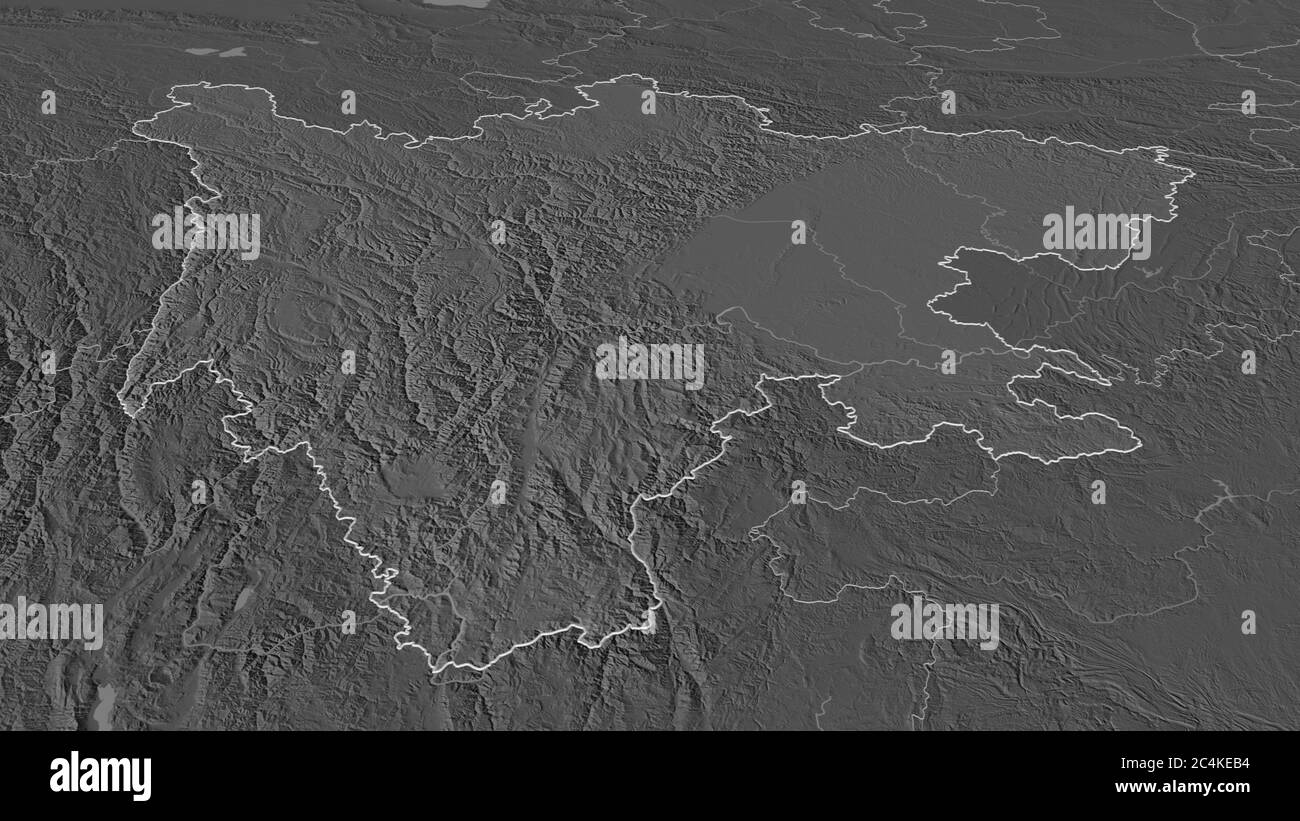 Zoom in Sichuan (Provinz China) skizziert. Schräge Perspektive. Karte mit bilevel Höhe mit Oberflächengewässern. 3D-Rendering Stockfoto