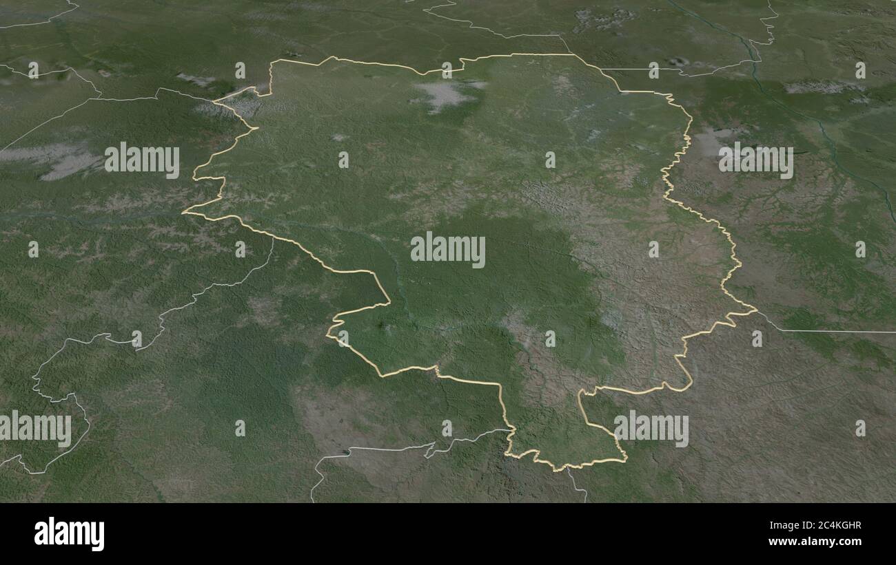 Zoom in auf Sankuru (Provinz der Demokratischen Republik Kongo) skizziert. Schräge Perspektive. Satellitenbilder. 3D-Rendering Stockfoto