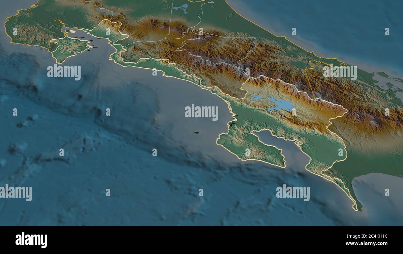 Zoom in Puntarenas (Provinz Costa Rica) skizziert. Schräge Perspektive. Topographische Reliefkarte mit Oberflächengewässern. 3D-Rendering Stockfoto