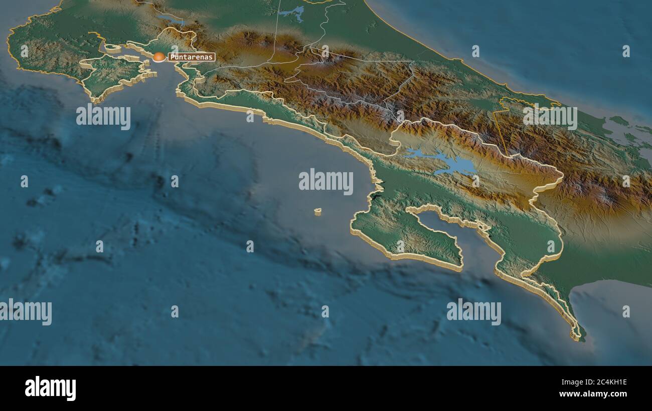 Zoom in auf Puntarenas (Provinz Costa Rica) extrudiert. Schräge Perspektive. Topographische Reliefkarte mit Oberflächengewässern. 3D-Rendering Stockfoto
