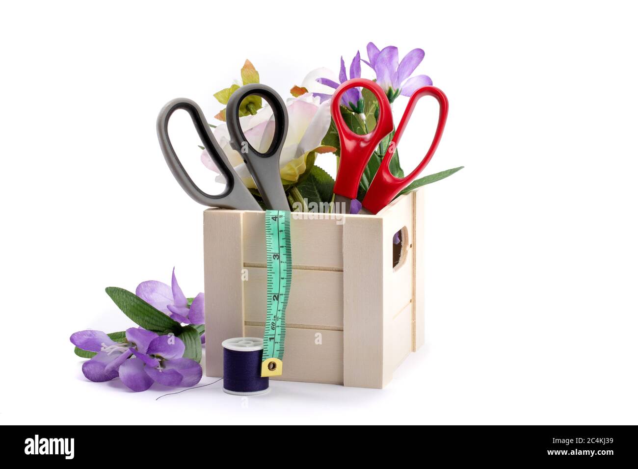 Schneiderschere oder Schneiderschere und Maßband in einer Holzkiste mit Blumen isoliert auf gefüllt Stockfoto