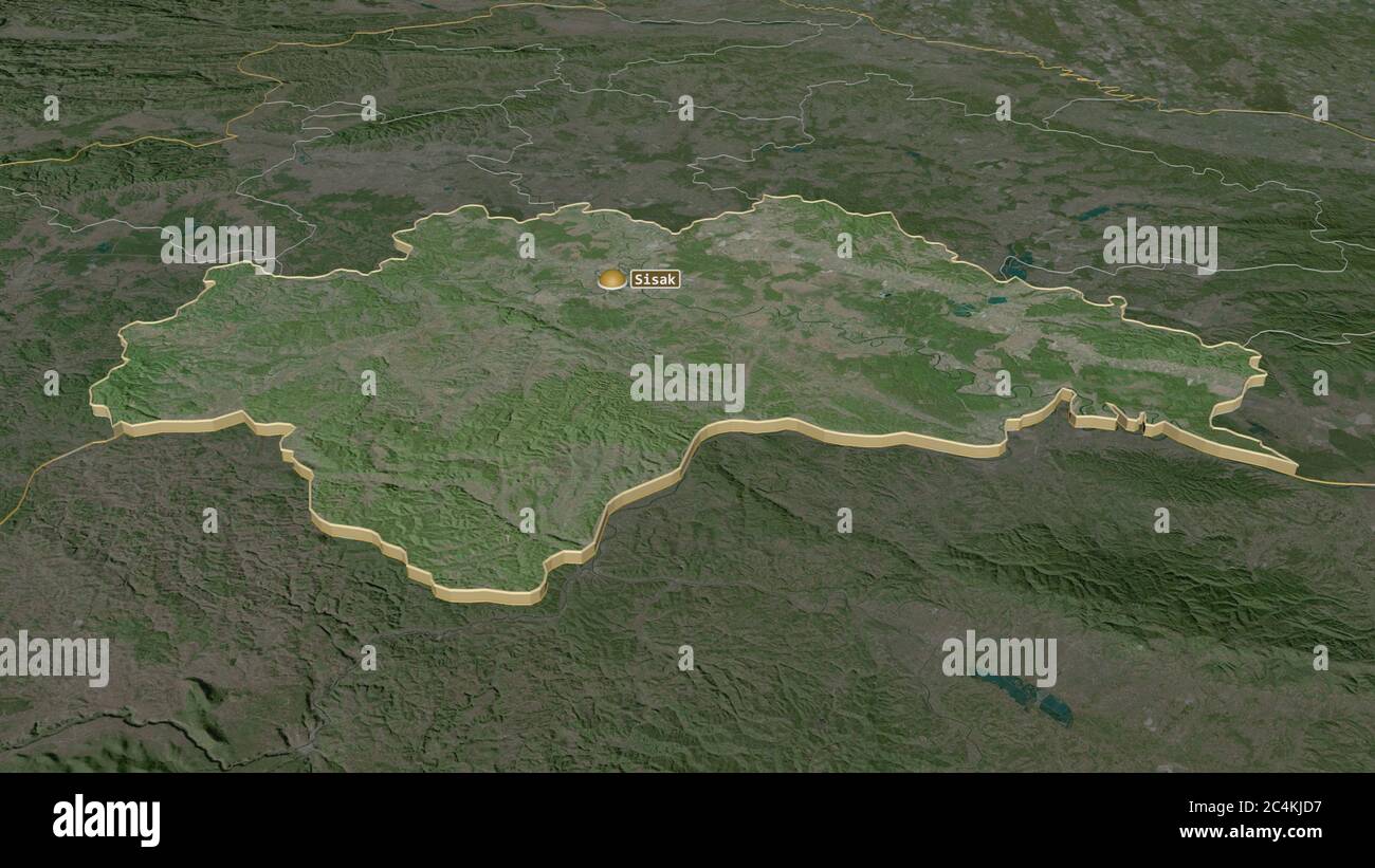 Zoom in auf Sisacko-Moslavacka (Grafschaft Kroatien) extrudiert. Schräge Perspektive. Satellitenbilder. 3D-Rendering Stockfoto