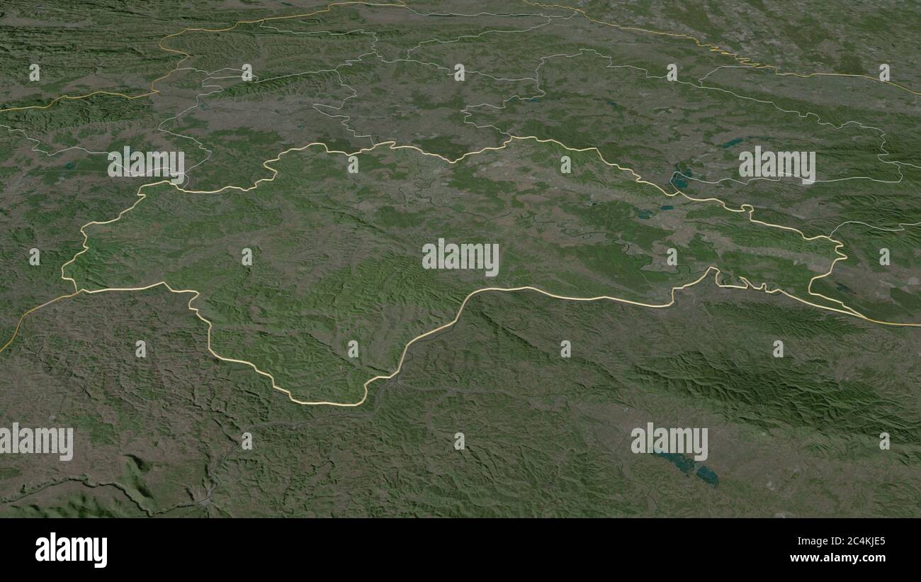 Zoom in auf Sisacko-Moslavacka (Grafschaft Kroatien) skizziert. Schräge Perspektive. Satellitenbilder. 3D-Rendering Stockfoto