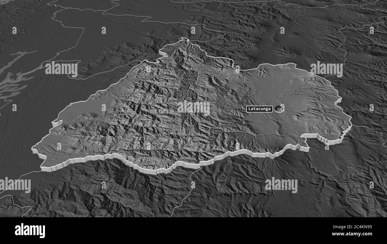 Zoom in auf Cotopaxi (Provinz Ecuador) extrudiert. Schräge Perspektive. Karte mit bilevel Höhe mit Oberflächengewässern. 3D-Rendering Stockfoto