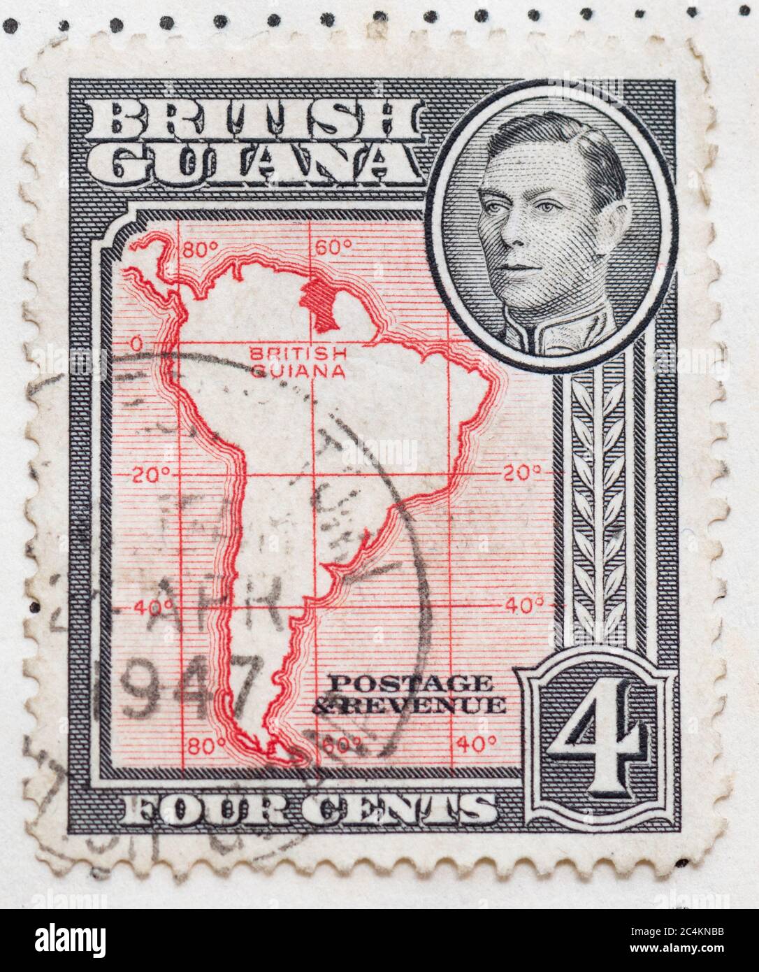 Britisch-Guayana Briefmarke frankiert 1947 - ehemalige britische Kolonie jetzt als die unabhängige Nation von Guyana bekannt Stockfoto