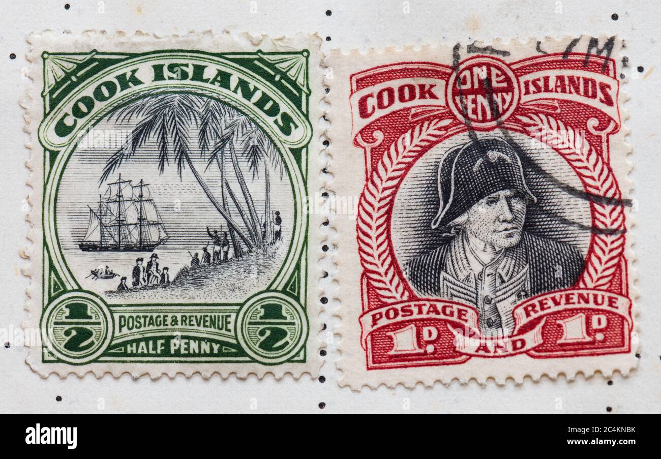 Captain James Cook auf Cook Islands Briefmarken ausgestellt 1933-36 Stockfoto