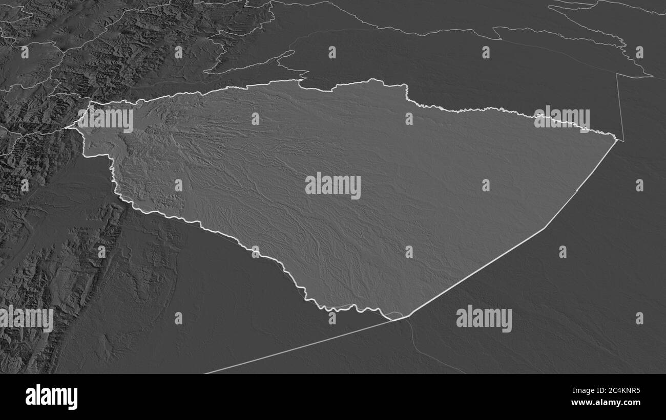 Zoom in auf Pastaza (Provinz Ecuador) skizziert. Schräge Perspektive. Karte mit bilevel Höhe mit Oberflächengewässern. 3D-Rendering Stockfoto