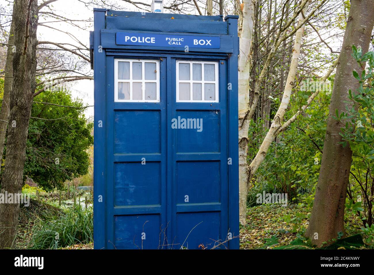 Doktor, der die Polizei in den Kasten hinters Fenster läuft Stockfoto