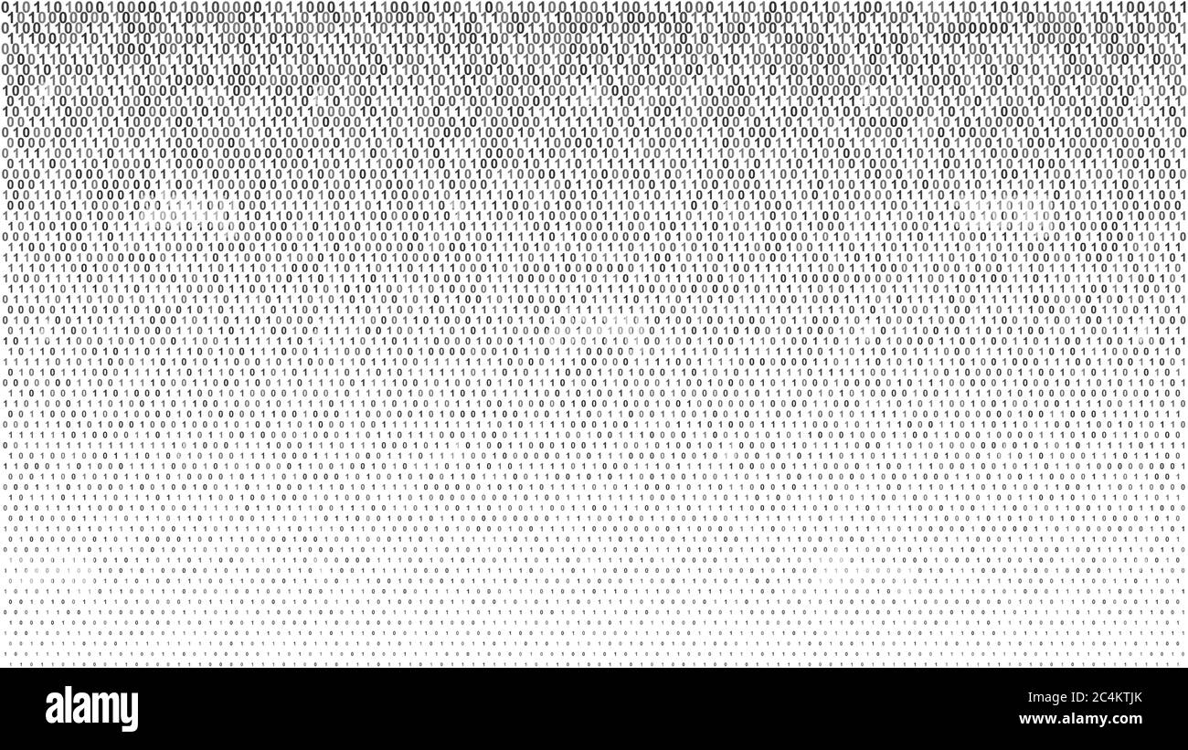 Abstrakter Halbtonverlauf Hintergrund von kleinen Einsen und Nullen, schwarz auf weiß Stock Vektor