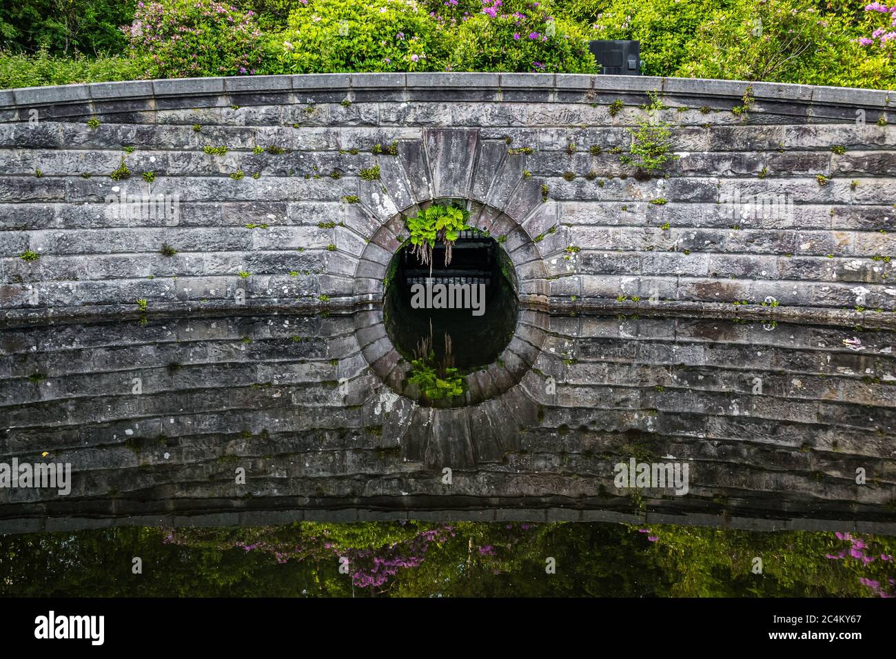 Detail eines alten Steindamms, der sich im Wasser von Milngavie Waterworks, der Wasseraufbereitungsanlage in Milngavie, Schottland, widerspiegelt. Stockfoto