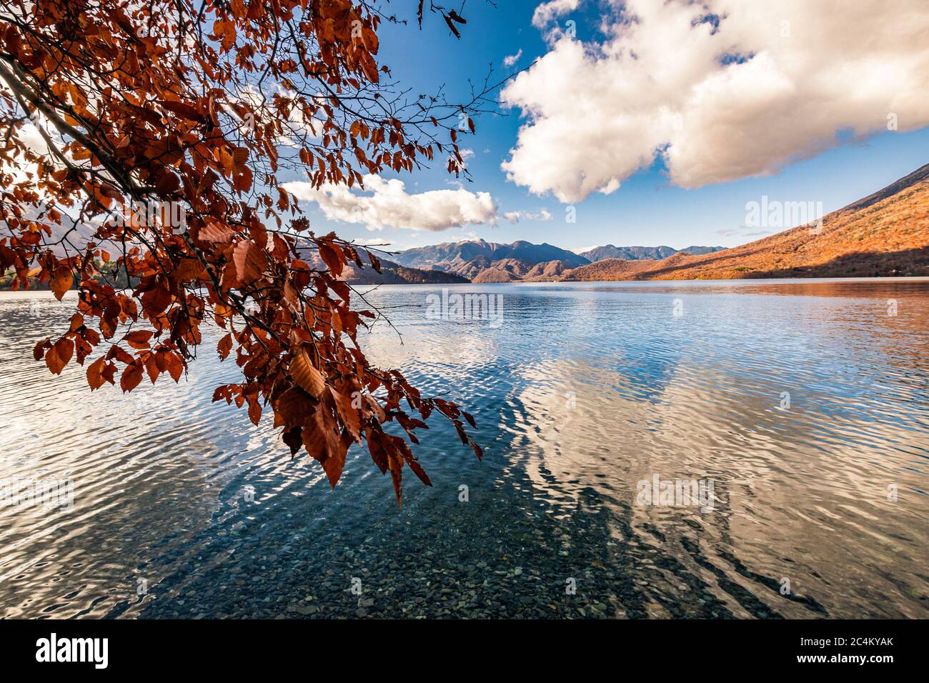 Schöner See Chuzenji (Nikko, Japan) mit Bergen, die sich an einem sonnigen Tag Ende Oktober im Wasser spiegeln. Stockfoto