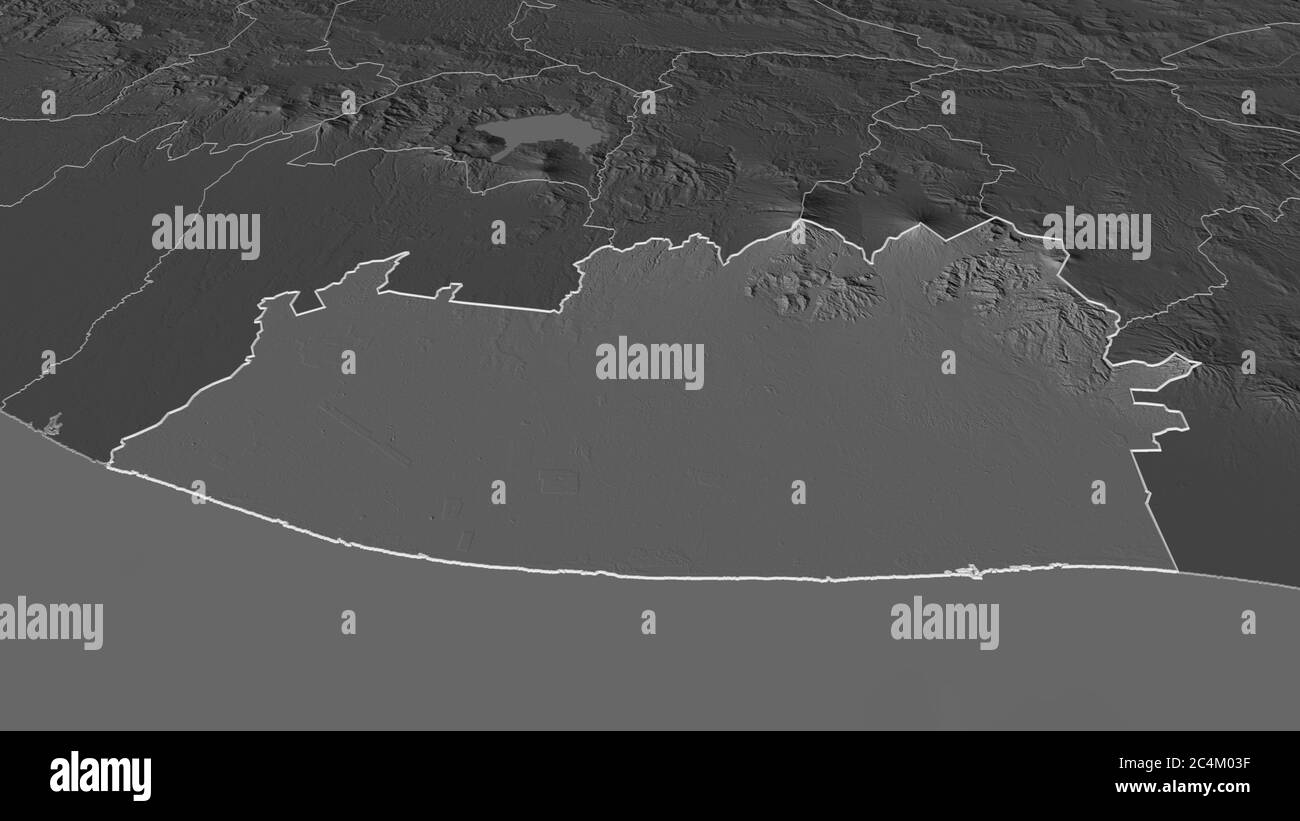 Zoom in Escuintla (Abteilung von Guatemala) skizziert. Schräge Perspektive. Karte mit bilevel Höhe mit Oberflächengewässern. 3D-Rendering Stockfoto