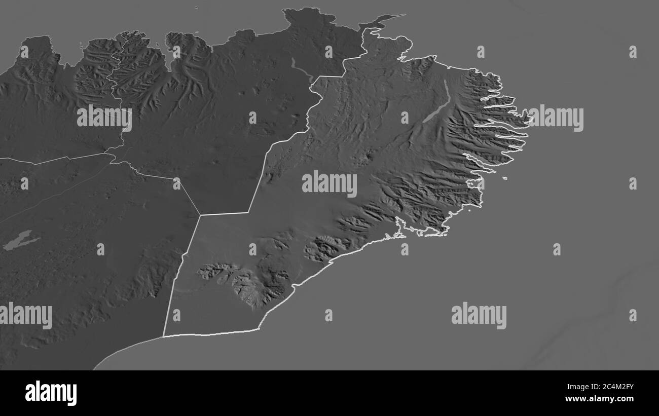 Zoom in Austurland (Region Island) skizziert. Schräge Perspektive. Karte mit bilevel Höhe mit Oberflächengewässern. 3D-Rendering Stockfoto