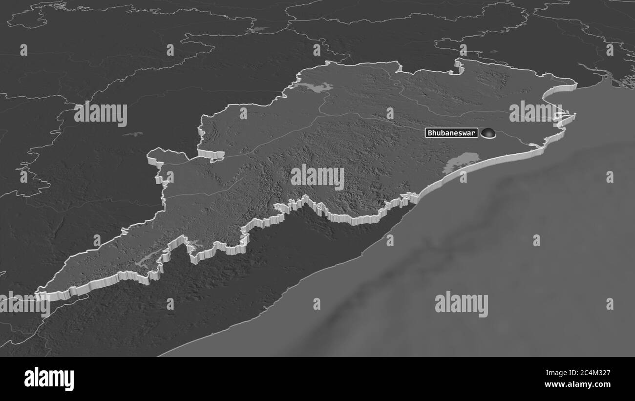 Zoom in Odisha (Staat Indien) extrudiert. Schräge Perspektive. Karte mit bilevel Höhe mit Oberflächengewässern. 3D-Rendering Stockfoto