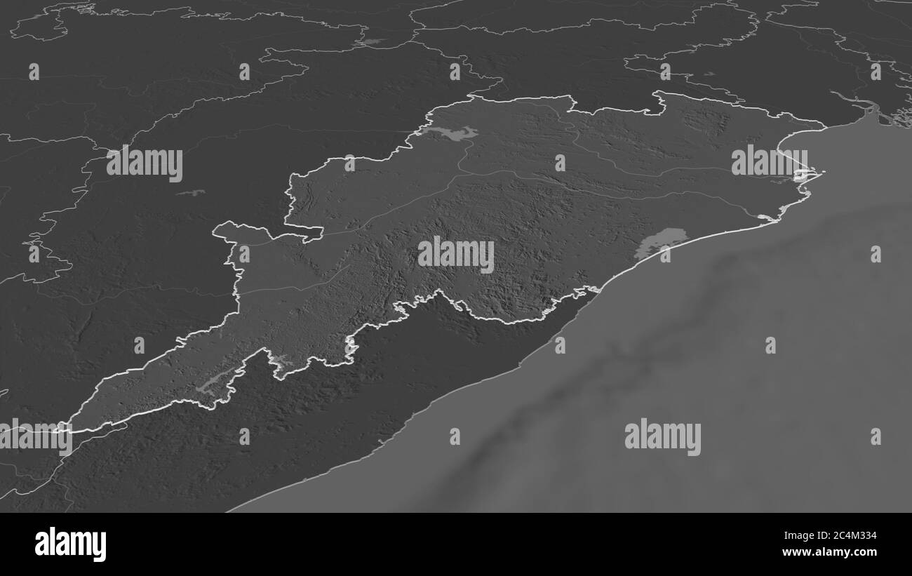 Zoom in Odisha (Staat Indien) skizziert. Schräge Perspektive. Karte mit bilevel Höhe mit Oberflächengewässern. 3D-Rendering Stockfoto