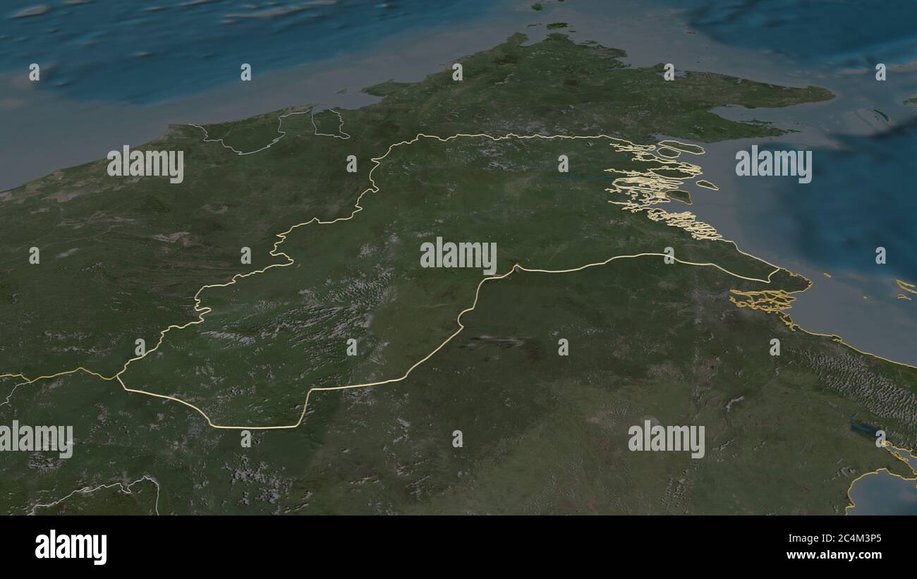 Zoom in Kalimantan Utara (Provinz Indonesien) skizziert. Schräge Perspektive. Satellitenbilder. 3D-Rendering Stockfoto