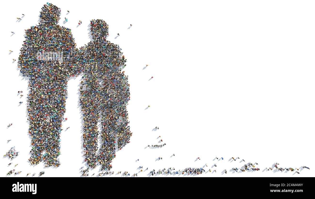 Gruppen von Menschen bilden die Silhouette eines älteren Paares Walking Arm in Arm Stockfoto