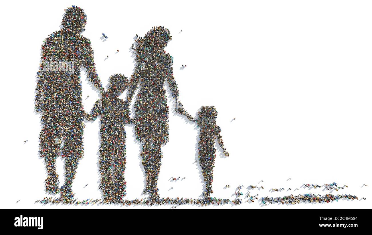 Gruppen von Menschen bilden die Silhouette der Eltern, die Hand in Hand mit ihren Kindern gehen Stockfoto