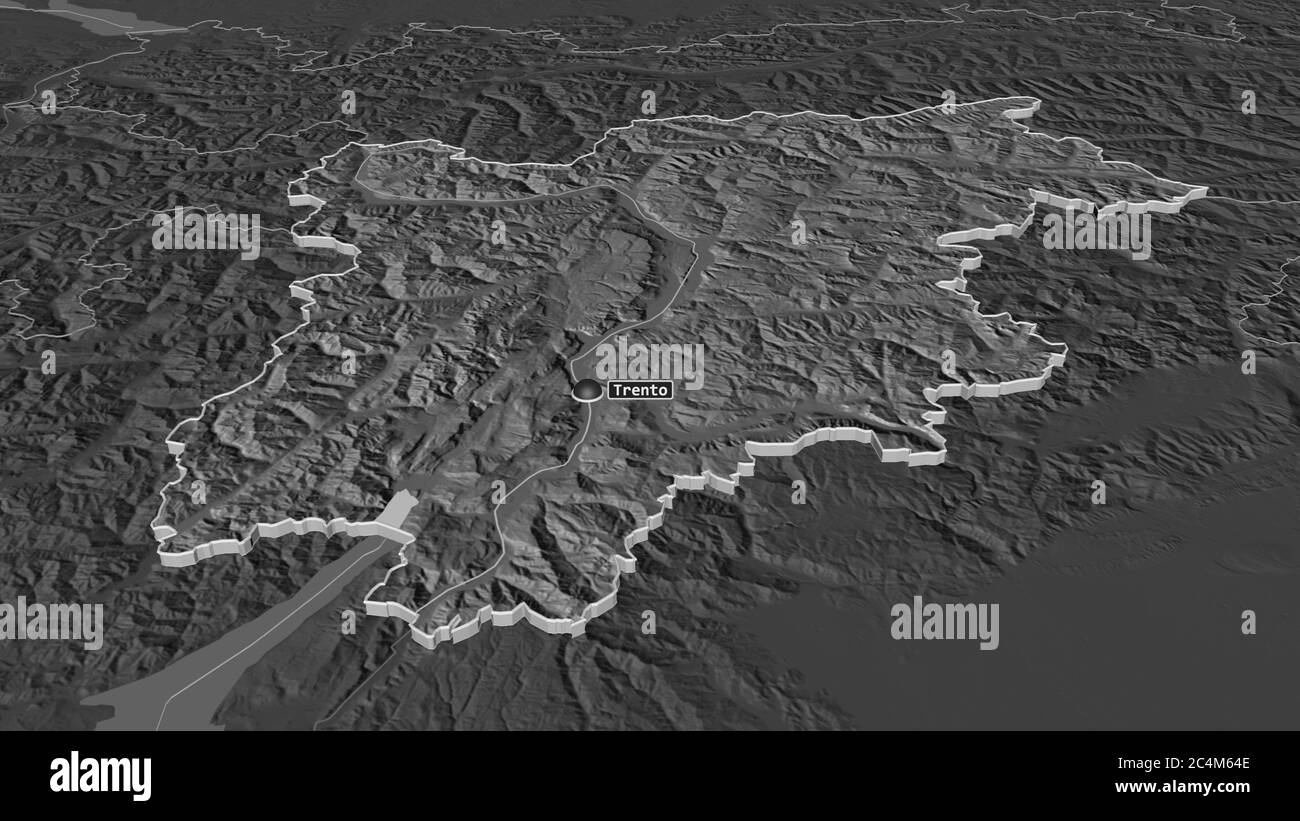 Zoom in auf Trentino-Südtirol (autonome Region Italien) extrudiert. Schräge Perspektive. Karte mit bilevel Höhe mit Oberflächengewässern. 3D-Rendering Stockfoto