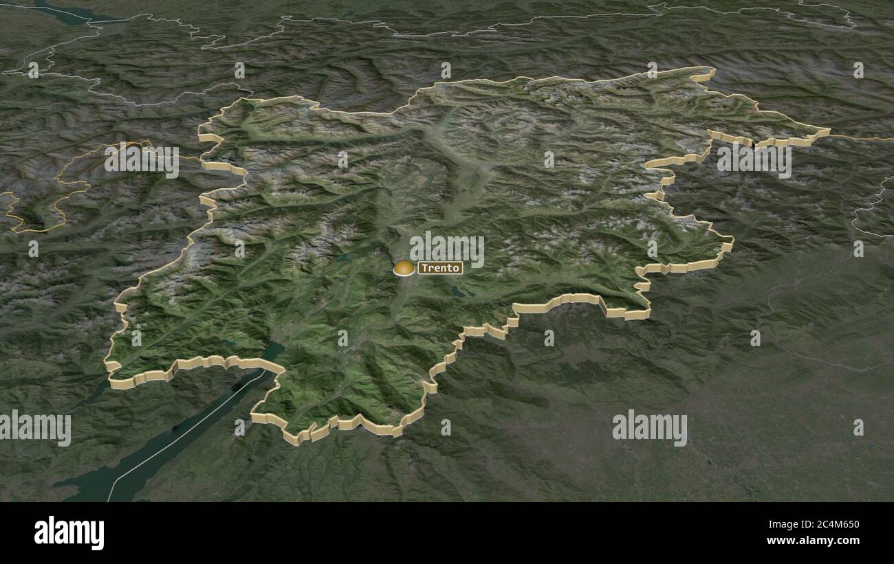 Zoom in auf Trentino-Südtirol (autonome Region Italien) extrudiert. Schräge Perspektive. Satellitenbilder. 3D-Rendering Stockfoto