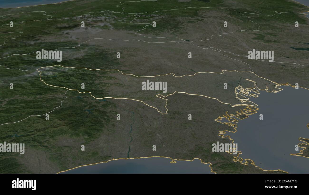 Zoom in Tokyo (Metropole von Japan) skizziert. Schräge Perspektive. Satellitenbilder. 3D-Rendering Stockfoto