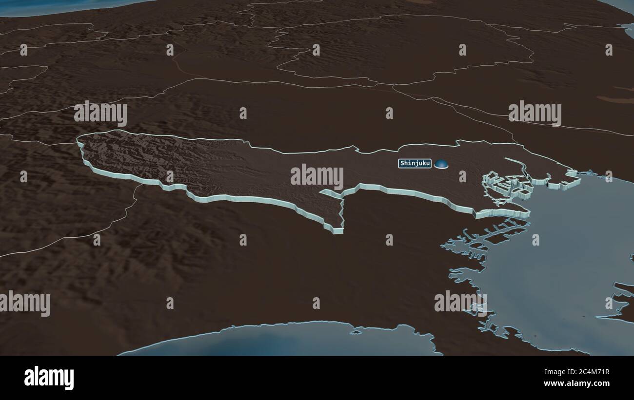 Zoom in Tokyo (Metropole von Japan) extrudiert. Schräge Perspektive. Farbige und aufgeschüpfte Karte der Verwaltungseinheit mit Oberflächengewässern. 3D-RE Stockfoto