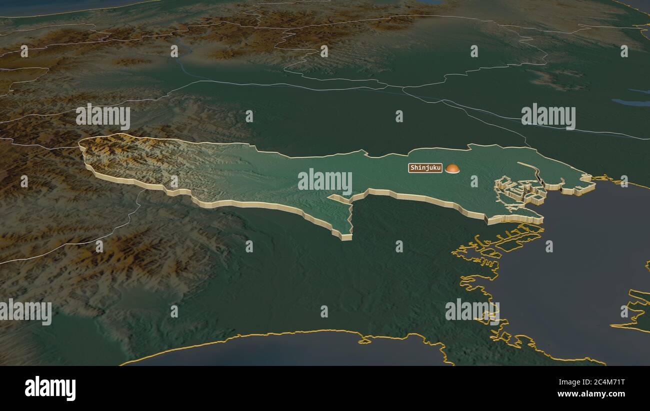 Zoom in Tokyo (Metropole von Japan) extrudiert. Schräge Perspektive. Topographische Reliefkarte mit Oberflächengewässern. 3D-Rendering Stockfoto
