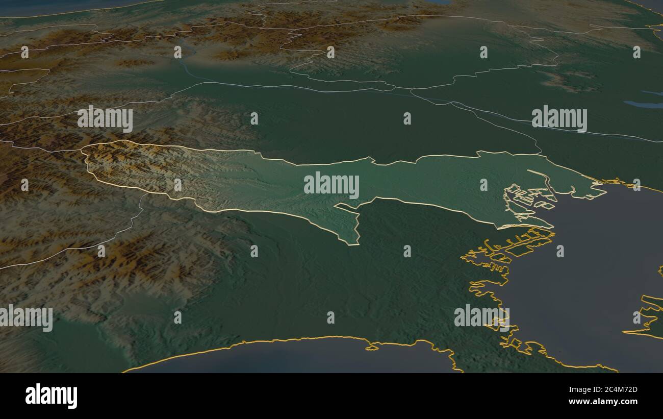 Zoom in Tokyo (Metropole von Japan) skizziert. Schräge Perspektive. Topographische Reliefkarte mit Oberflächengewässern. 3D-Rendering Stockfoto