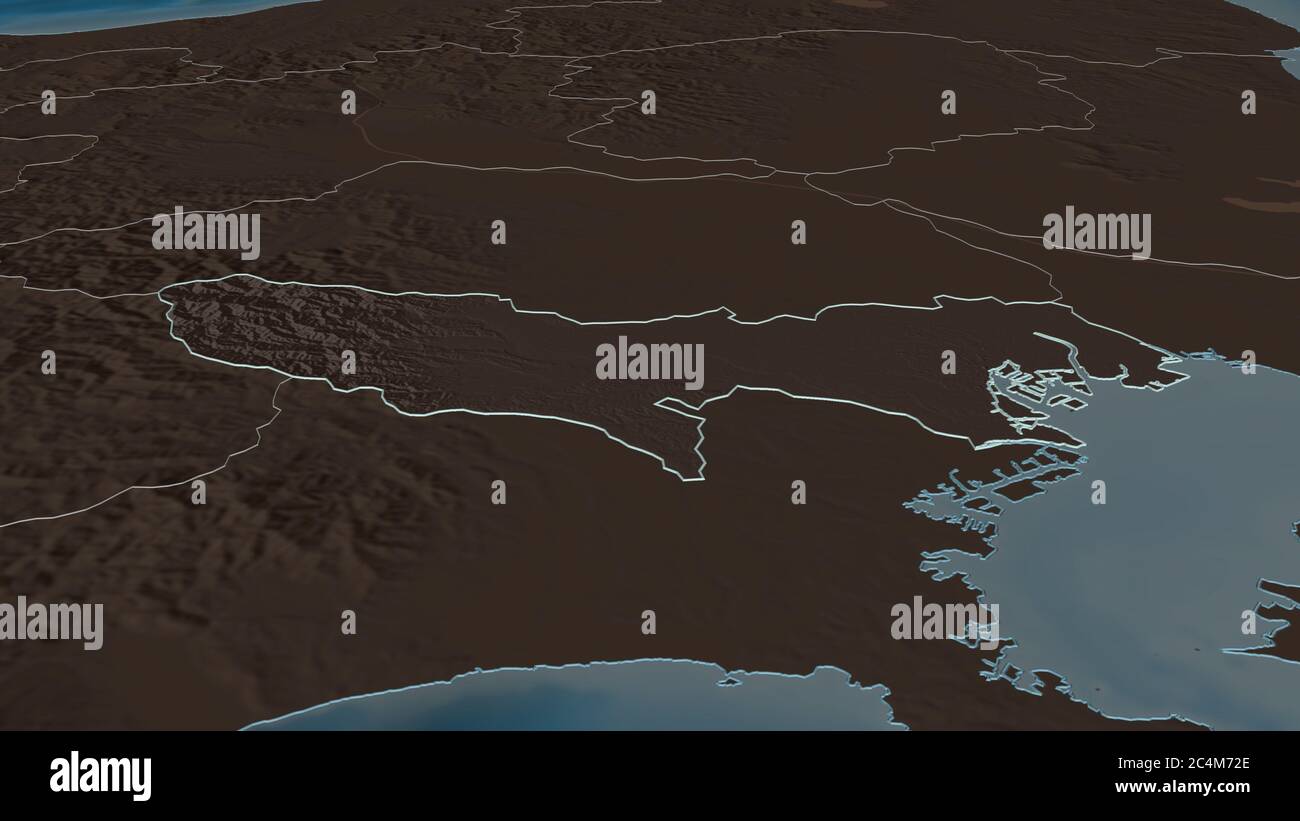 Zoom in Tokyo (Metropole von Japan) skizziert. Schräge Perspektive. Farbige und aufgeschüpfte Karte der Verwaltungseinheit mit Oberflächengewässern. 3D-RE Stockfoto