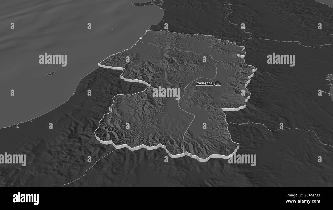 Zoom in Yamagata (Präfektur von Japan) extrudiert. Schräge Perspektive. Karte mit bilevel Höhe mit Oberflächengewässern. 3D-Rendering Stockfoto