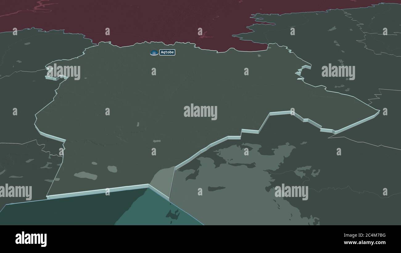 Zoom in auf Aqtöbe (Region Kasachstan) extrudiert. Schräge Perspektive. Farbige und aufgeschüpfte Karte der Verwaltungseinheit mit Oberflächengewässern. 3D Stockfoto