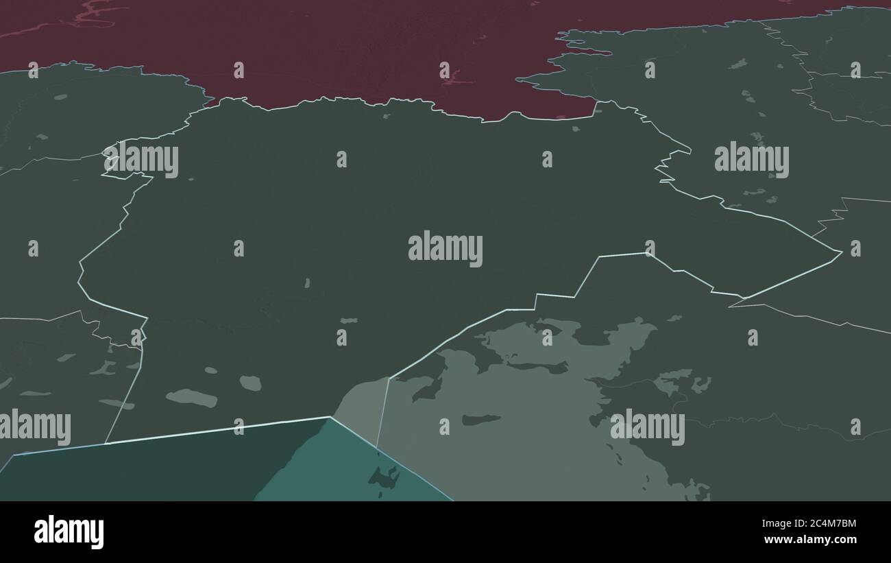 Zoom in Aqtöbe (Region Kasachstan) skizziert. Schräge Perspektive. Farbige und aufgeschüpfte Karte der Verwaltungseinheit mit Oberflächengewässern. 3D Stockfoto