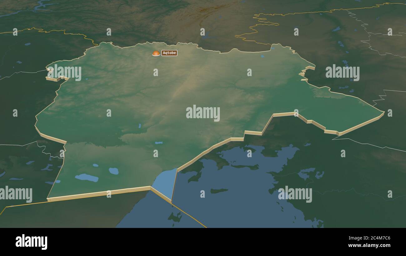 Zoom in auf Aqtöbe (Region Kasachstan) extrudiert. Schräge Perspektive. Topographische Reliefkarte mit Oberflächengewässern. 3D-Rendering Stockfoto