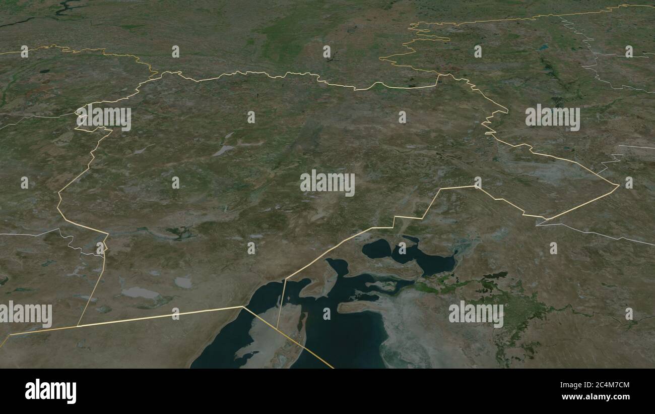 Zoom in Aqtöbe (Region Kasachstan) skizziert. Schräge Perspektive. Satellitenbilder. 3D-Rendering Stockfoto