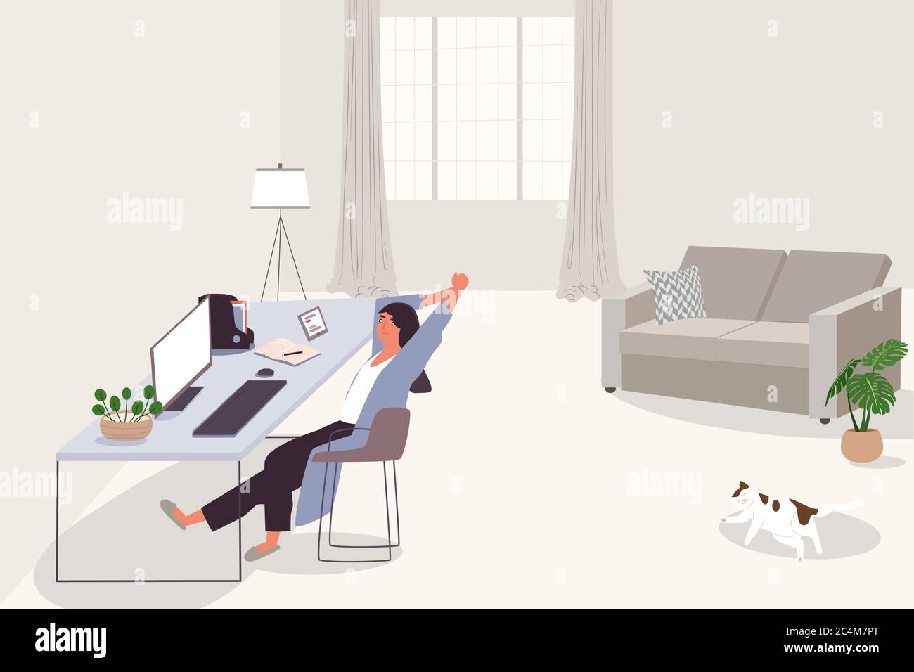 Arbeit von zu Hause und soziale Distanzierung Coronavirus concept.A Frau mit Katze Aufenthalt zu Hause im Büro arbeiten am Computer. Kann für Hintergründe verwenden, Cartoon Fla Stock Vektor