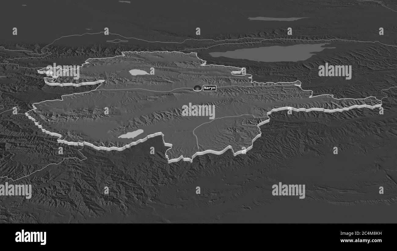 Zoom in auf Naryn (Provinz Kirgisistan) extrudiert. Schräge Perspektive. Karte mit bilevel Höhe mit Oberflächengewässern. 3D-Rendering Stockfoto