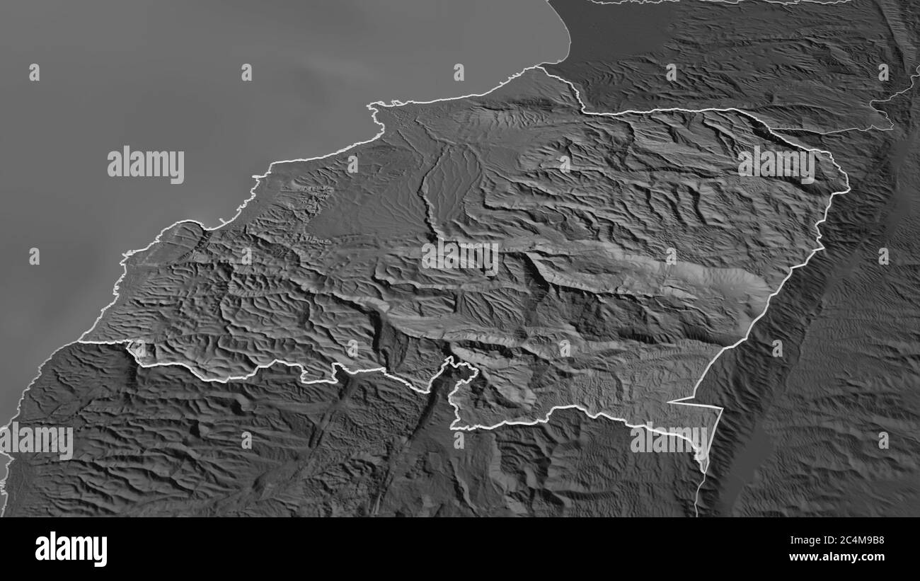 Zoomen Sie in den Norden (Gouvernement des Libanon) skizziert. Schräge Perspektive. Karte mit bilevel Höhe mit Oberflächengewässern. 3D-Rendering Stockfoto