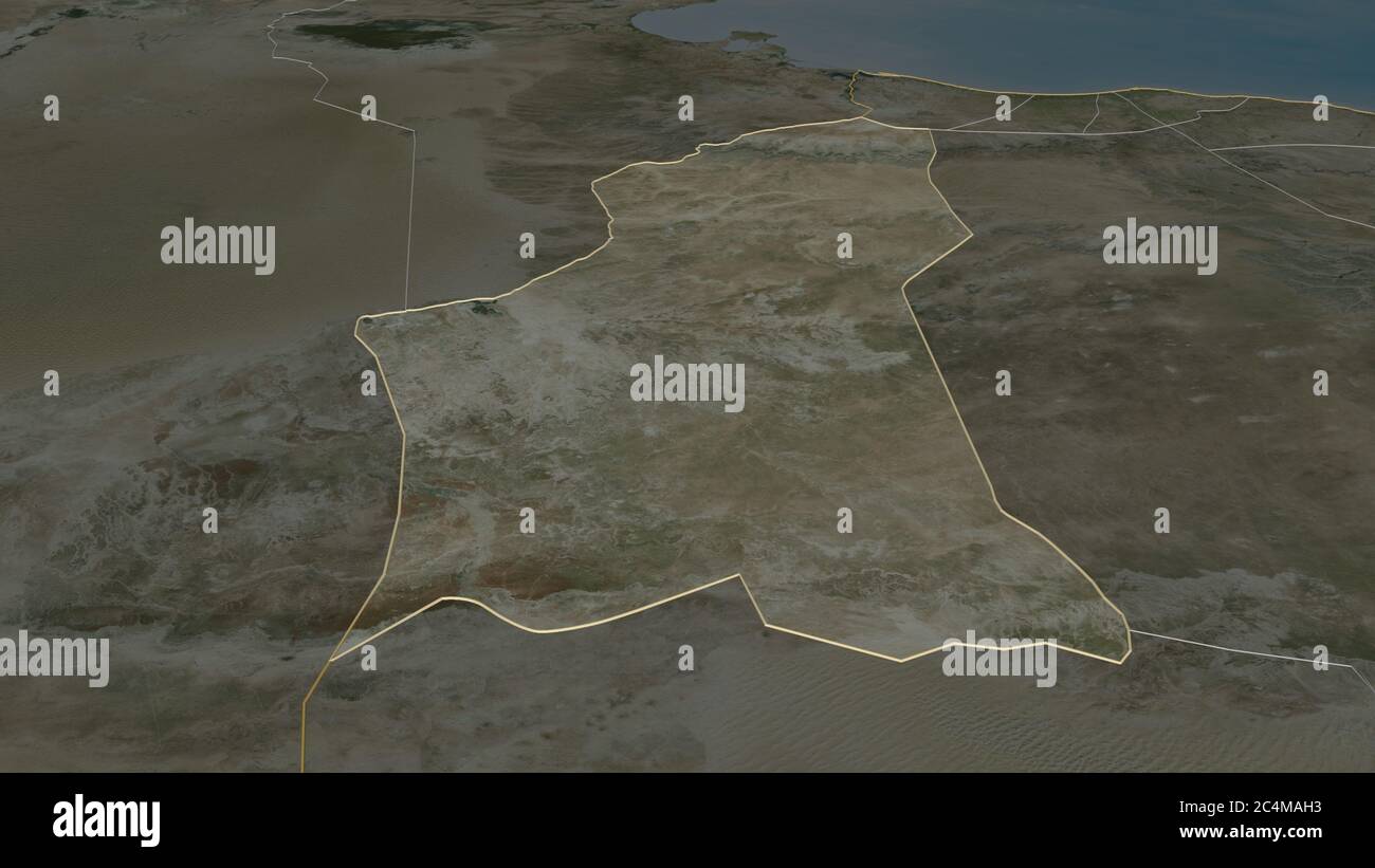 Zoom in Nalut (Bezirk von Libyen) skizziert. Schräge Perspektive. Satellitenbilder. 3D-Rendering Stockfoto