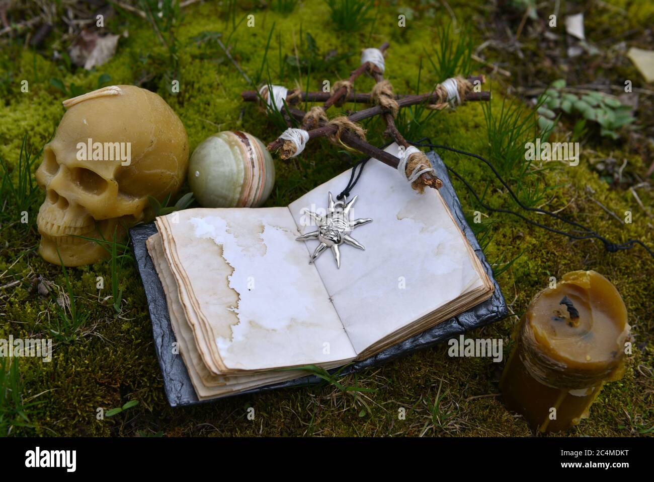 Mit Tagebuch mit Totenkopf, Pentagramm und Kristallkugel im Garten öffnen. Esoterischer, gotischer und okkulter Hintergrund mit magischen Objekten, Mystik und Märchen Stockfoto