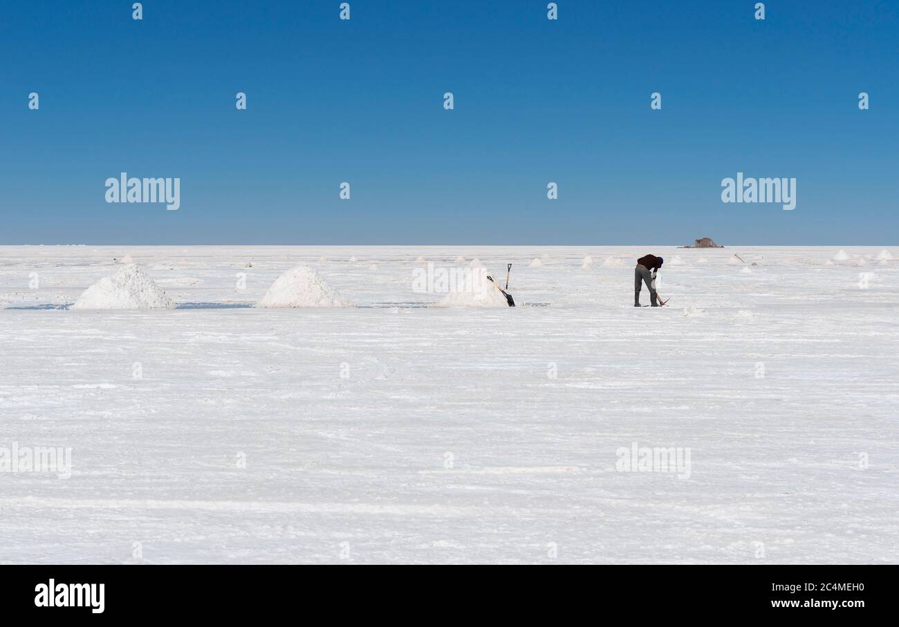 Ein bolivianischer Salzbergmann, der mit einer Schaufel Salz extrahiert und Salzpyramiden für den Trocknungsprozess macht, Uyuni-Salzwüste, Bolivien. Stockfoto